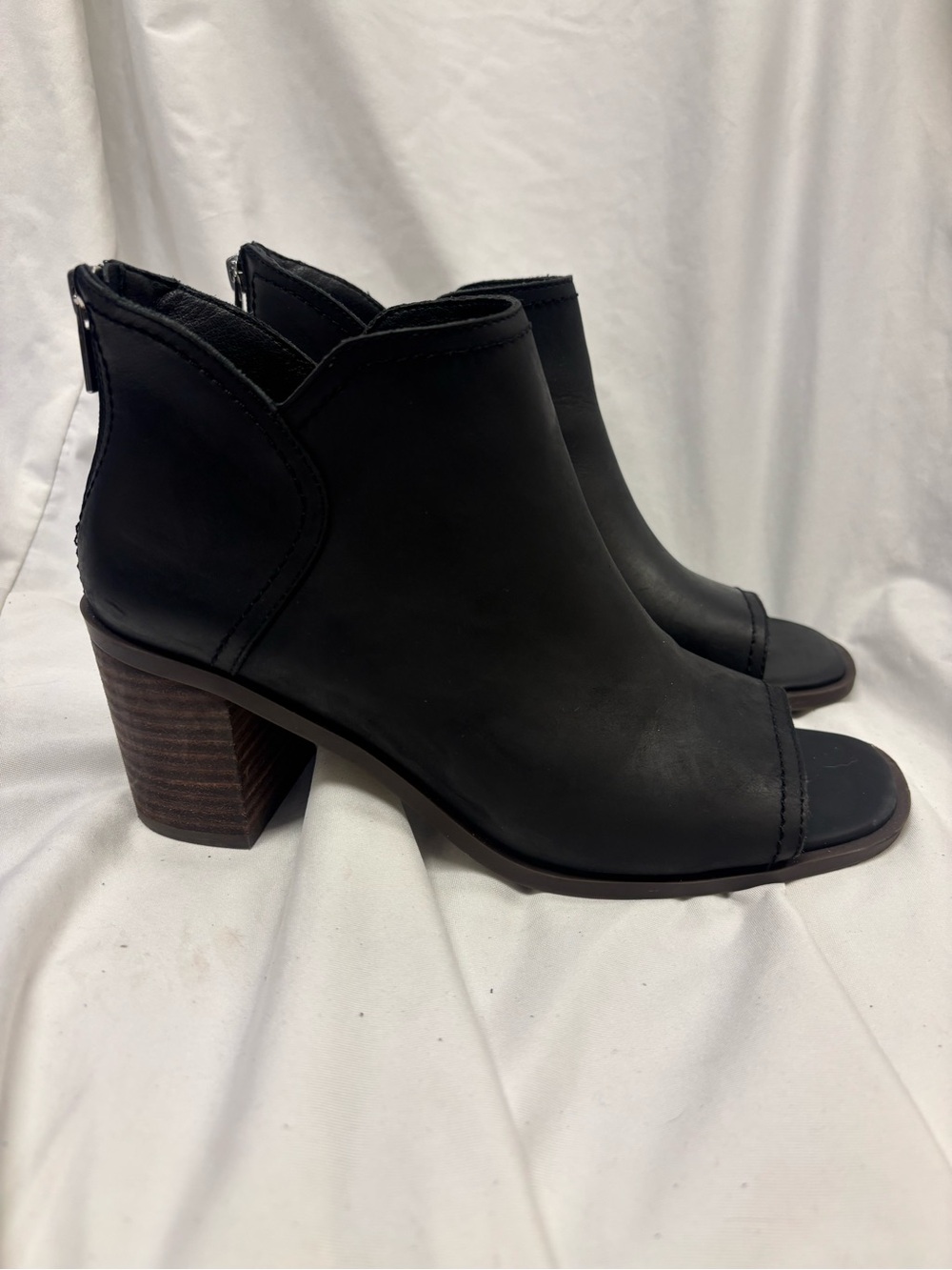 Lucky Brand Black Open-Toe Stacked Heel Ankle Booties | Size 7.5